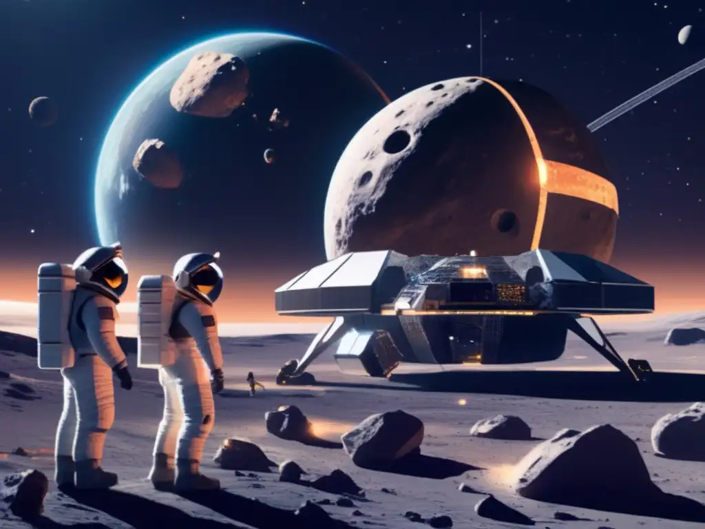 Futuro espacio: estación, asteroides, tecnología avanzada Estación espacial futurista y equipo de expertos en startups de asteroides prometedoras