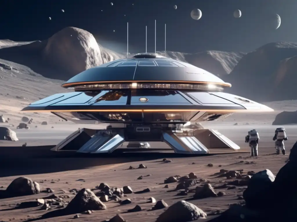 Futurista estación espacial en asteroide Innovación en colonización espacial: Futurista estación espacial en asteroide, humanos y robots colaboran en experimentos avanzados