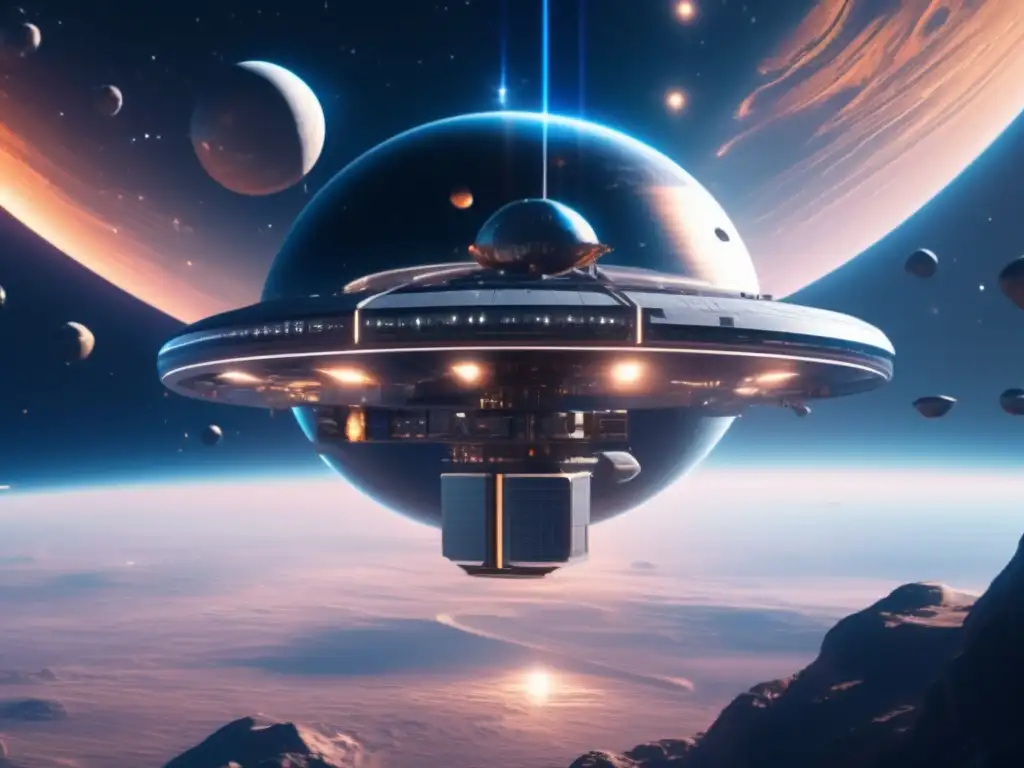 Estación espacial futurista en el espacio con asteroides y tecnología de extracción avanzada