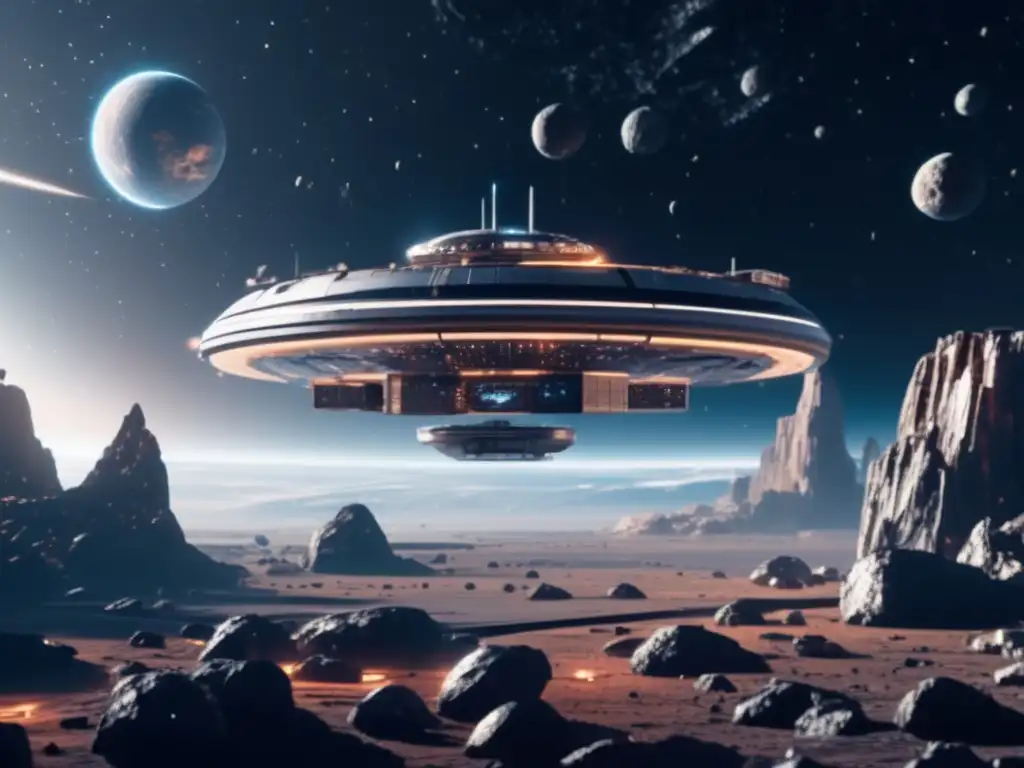 Estación espacial futurista en el espacio Estación espacial futurista flotando en el espacio con campo de asteroides