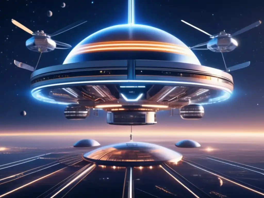 Futurista estación espacial flotante Estación espacial futurista flotando en el espacio con comunicaciones interplanetarias