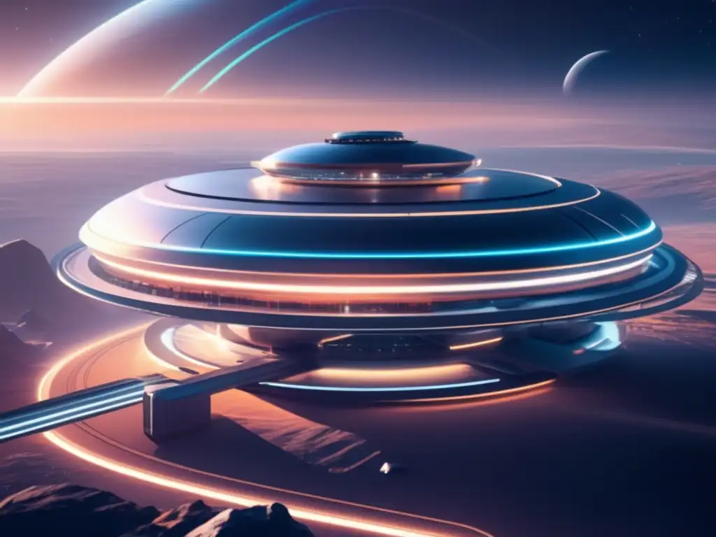 Estación espacial futurista en el espacio Estación espacial futurista en el espacio, iluminada, con vistas a un cinturón de asteroides vibrante - Exploración y explotación de asteroides