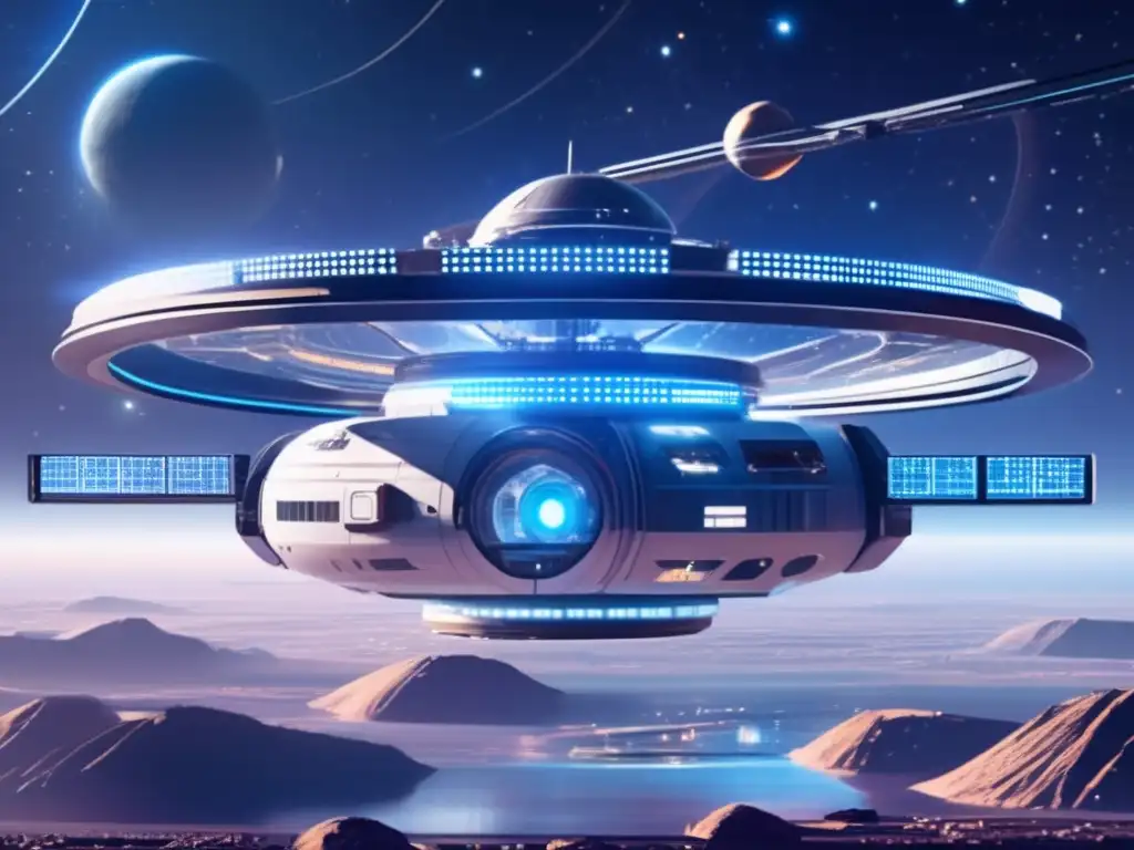Estación espacial futurista en el espacio Estación espacial futurista protegiendo el espacio - Leyes internacionales contaminación espacial asteroides