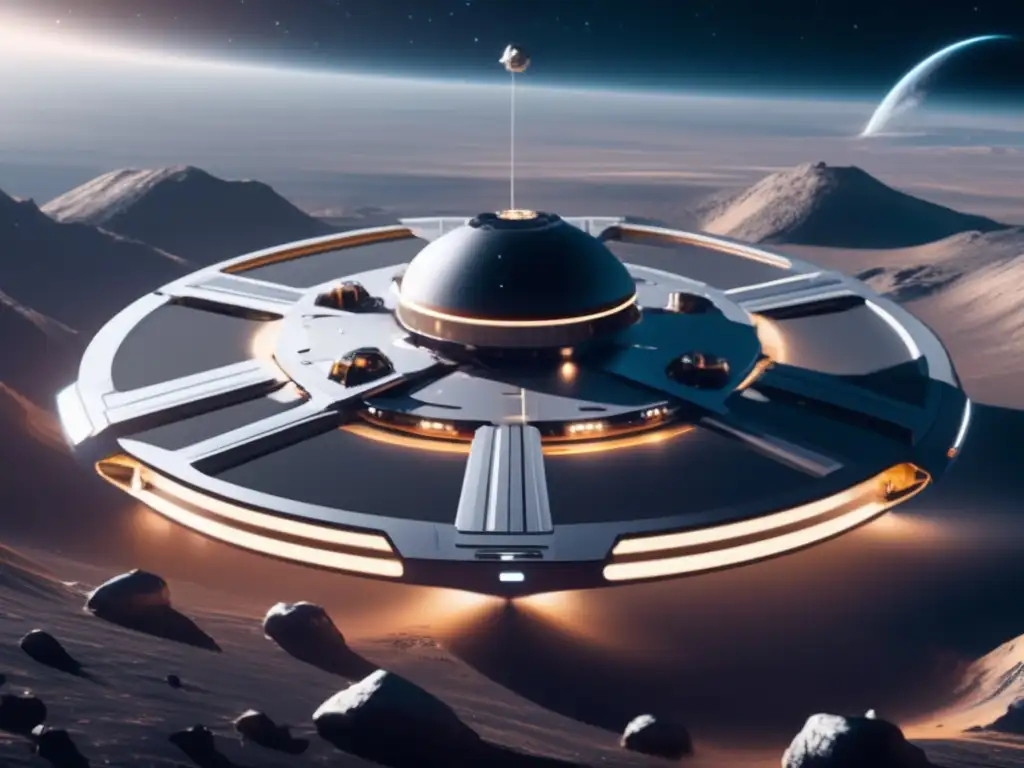 Estación espacial futurista en el cosmos Estación espacial futurista en el espacio con mineros de asteroides y vista impresionante del cosmos