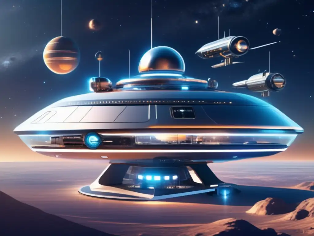 Estación espacial futurista en el espacio Estación espacial futurista flotando en el espacio, con paneles solares y cúpulas transparentes que muestran las estrellas y galaxias