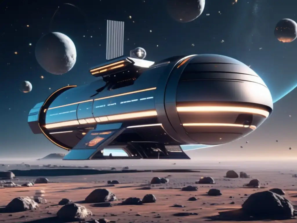 Estación espacial futurista en el espacio Estación espacial futurista flotando en el espacio, rodeada de asteroides