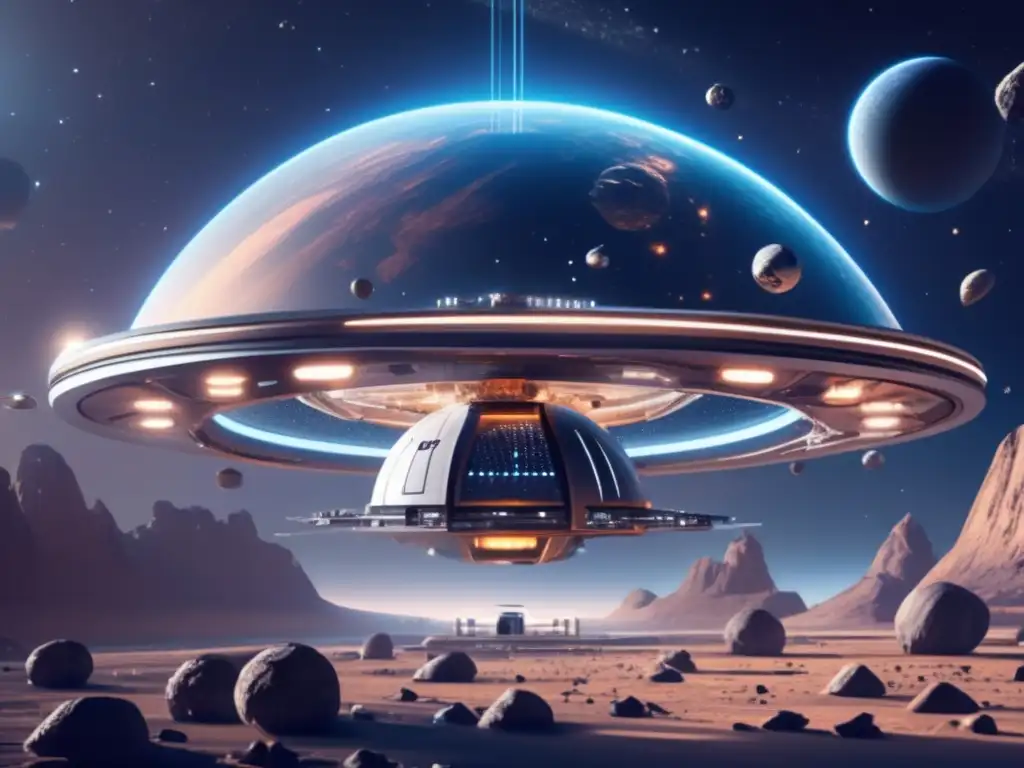 Futurista estación espacial rodeada de asteroides Estación espacial futurista flotando en el espacio rodeada de asteroides: Exploración espacial y asteroides