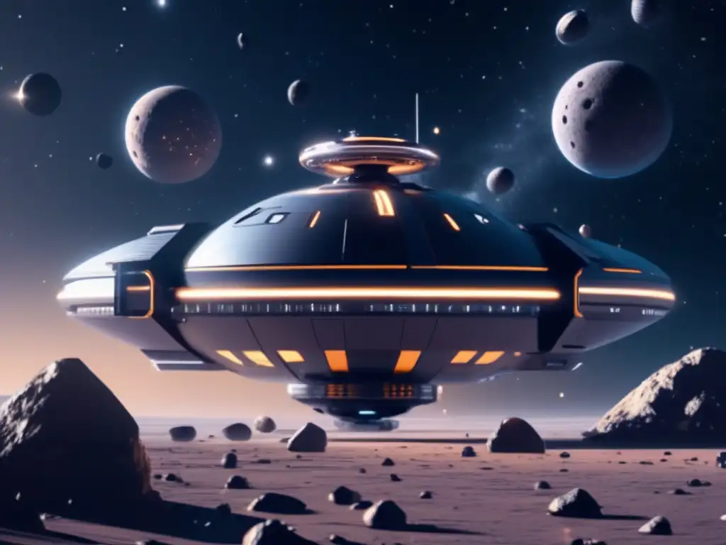 Estación espacial futurista en el espacio rodeada de asteroides