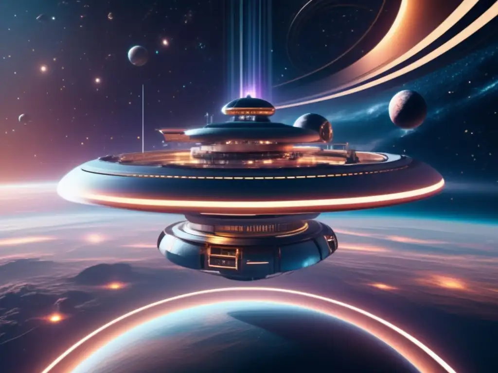 Estación espacial futurista suspendida en el espacio - Estación espacial futurista en el espacio, rodeada de nebulosas y galaxias