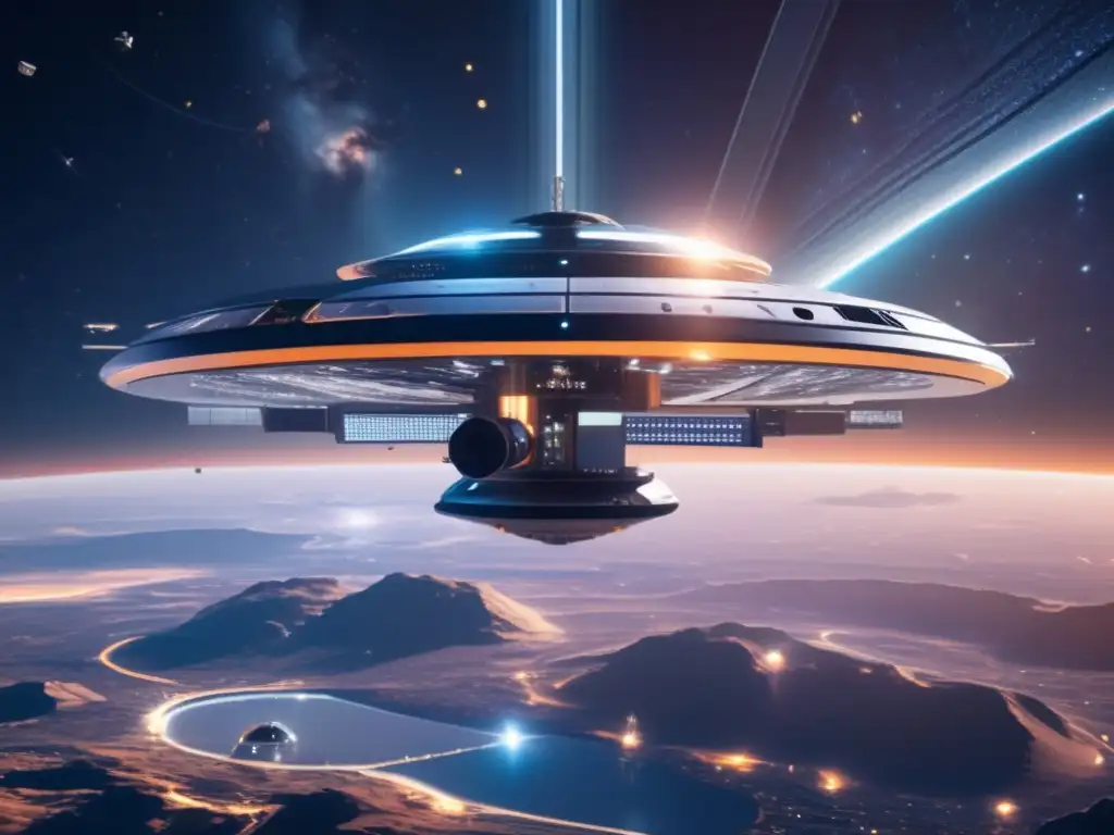 Futurista estación espacial flotando en el espacio Estación espacial futurista flotando en el espacio rodeada de estrellas y galaxias