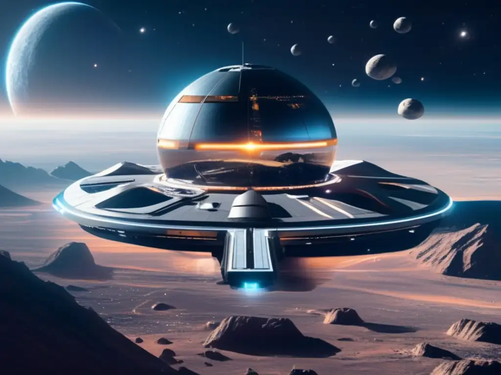 Estación espacial futurista y asteroides mineros Estación espacial futurista flotando en el espacio, rodeada de asteroides