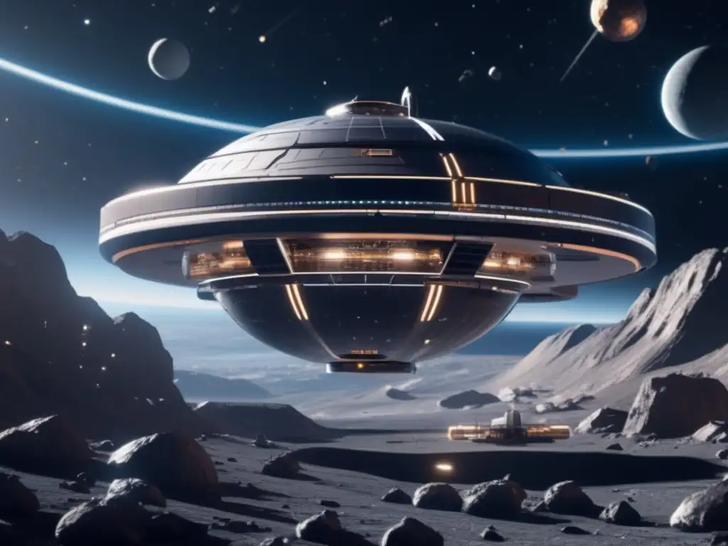 Estación espacial futurista flotando en el espacio, rodeada de asteroides