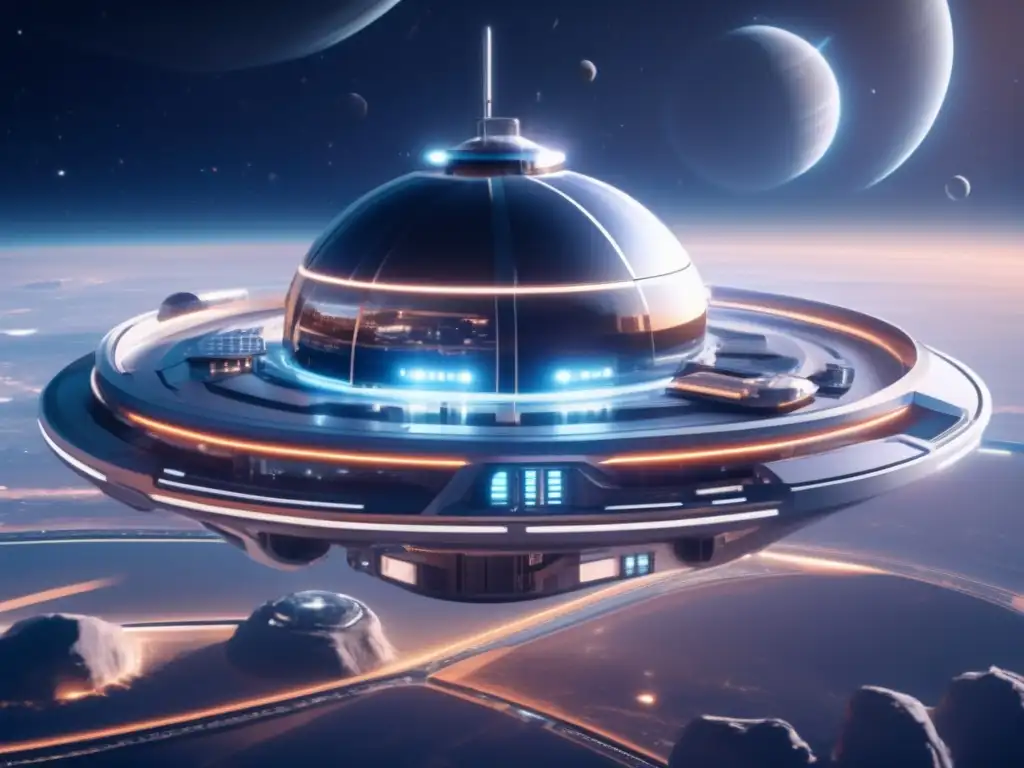 Estación espacial futurista en el espacio Estación espacial futurista en el espacio - Seguros espaciales ante impacto asteroides