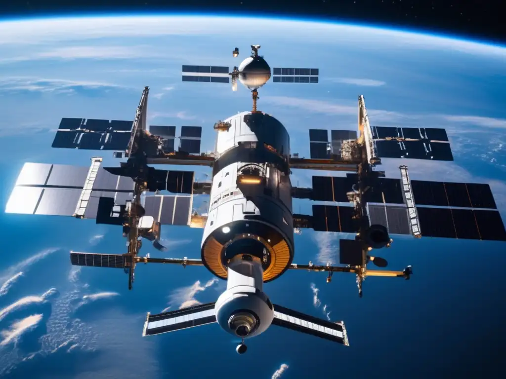 Estación espacial futurista en el espacio Estación espacial futurista en el espacio, con la Tierra de fondo