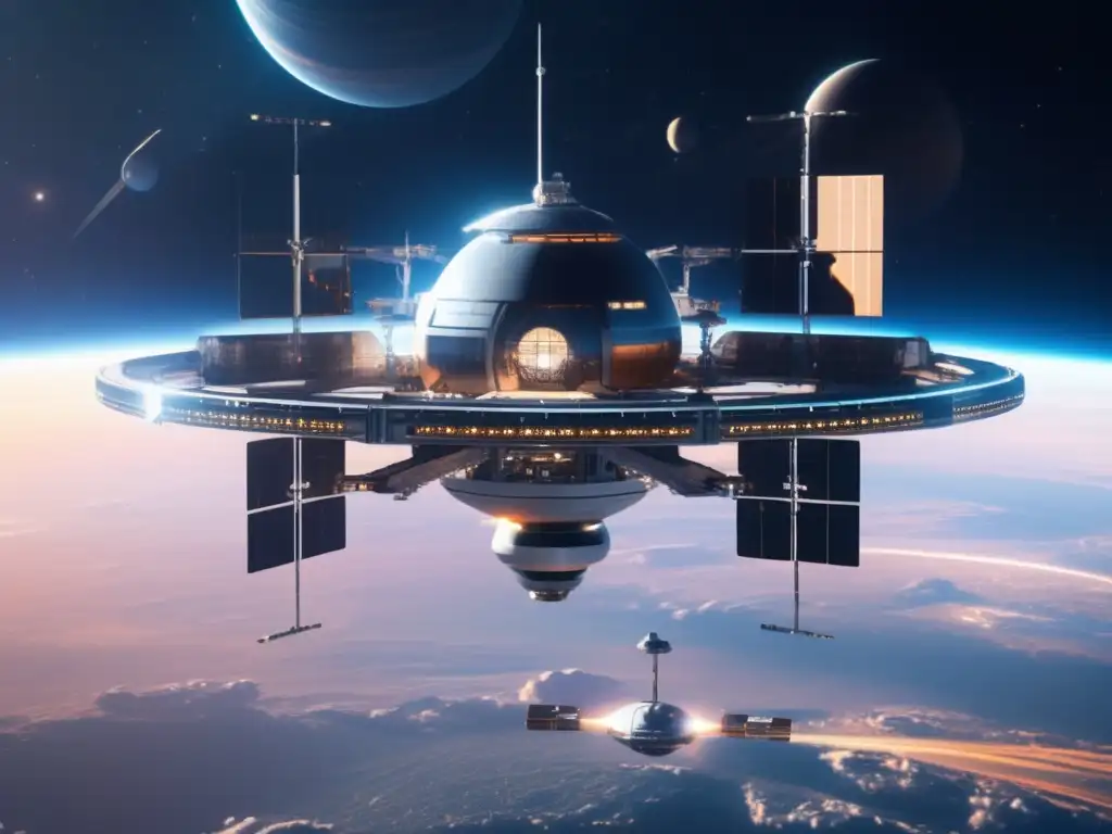 Estación espacial futurista y colaboración internacional Estación espacial futurista en el espacio con vista de la Tierra, naves de diferentes naciones y astronautas realizando investigación científica