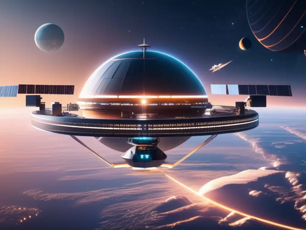Estación espacial futurista y estrategias políticas globales contra impactos asteroides