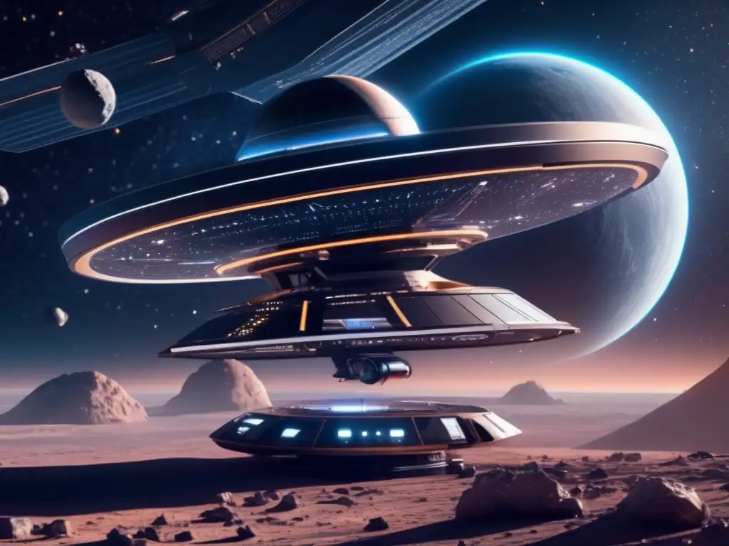 Estación espacial futurista en 8K Estación espacial futurista con exploración de asteroides rentable