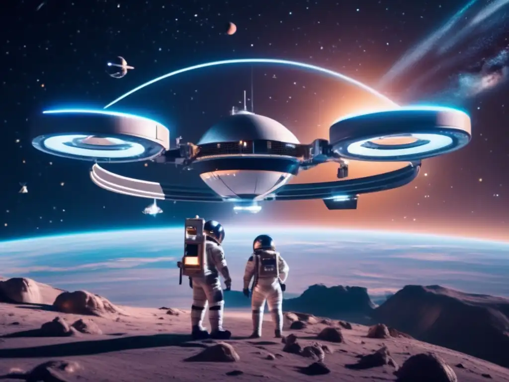 Estación espacial futurista en gravedad cero, con astronautas y tecnología avanzada para extraer recursos en el espacio