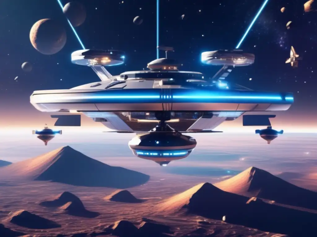 Estación espacial futurista con IA y estrategia comercial en el espacio