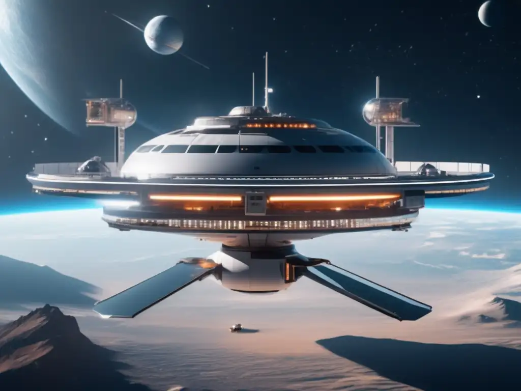 Estación espacial futurista en la inmensidad del espacio - Exploración ética de recursos espaciales