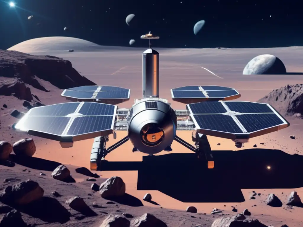 Estación espacial futurista y equipo de astronautas en un asteroide Estación espacial futurista junto a asteroide con astronautas y rovers en investigación