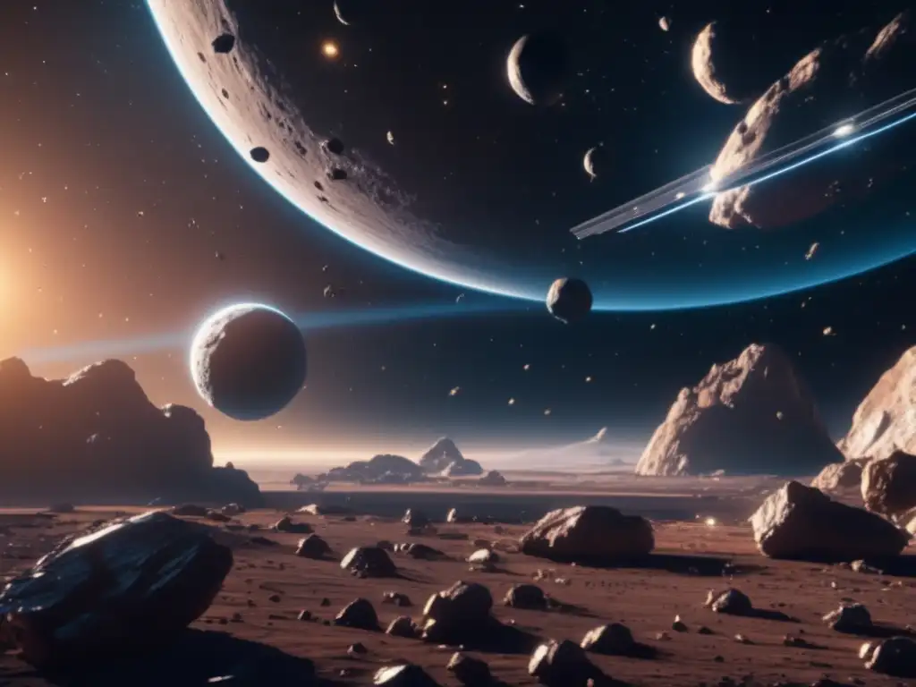 Estación espacial futurista en cinturón de asteroides Estación espacial futurista en medio de asteroides: Importancia de asteroides en el universo
