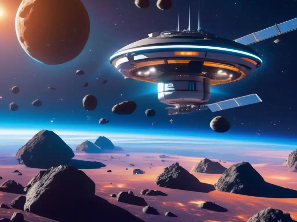 Estación espacial futurista flotando entre asteroides Estación espacial futurista en medio de asteroides