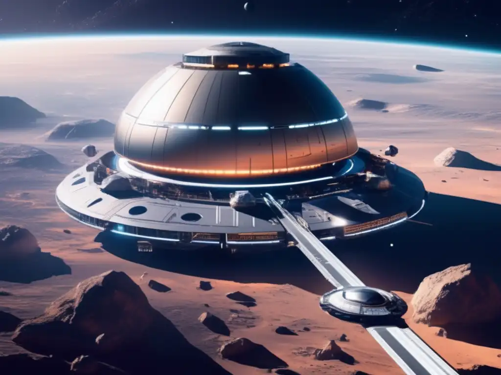 Estación espacial futurista en el espacio Estación espacial futurista con mineros de asteroides - Rentabilidad minería asteroides