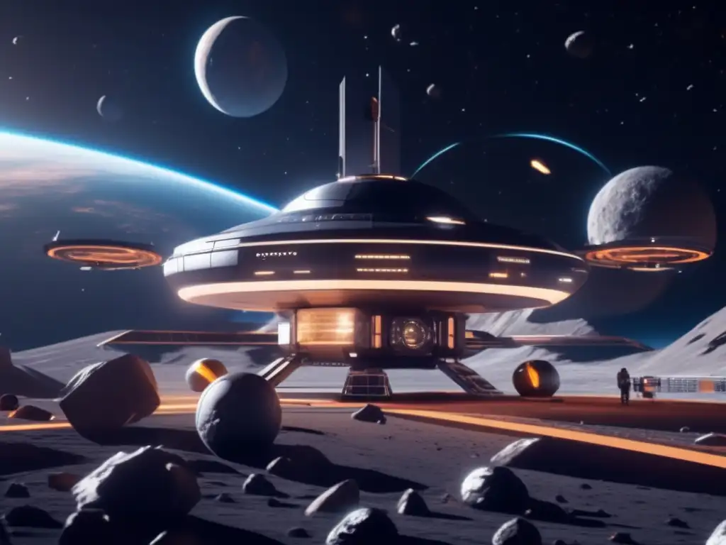 Estación espacial futurista en el espacio Estación espacial futurista y mineros espaciales extraen recursos de asteroides en la carrera espacial recursos troyanos