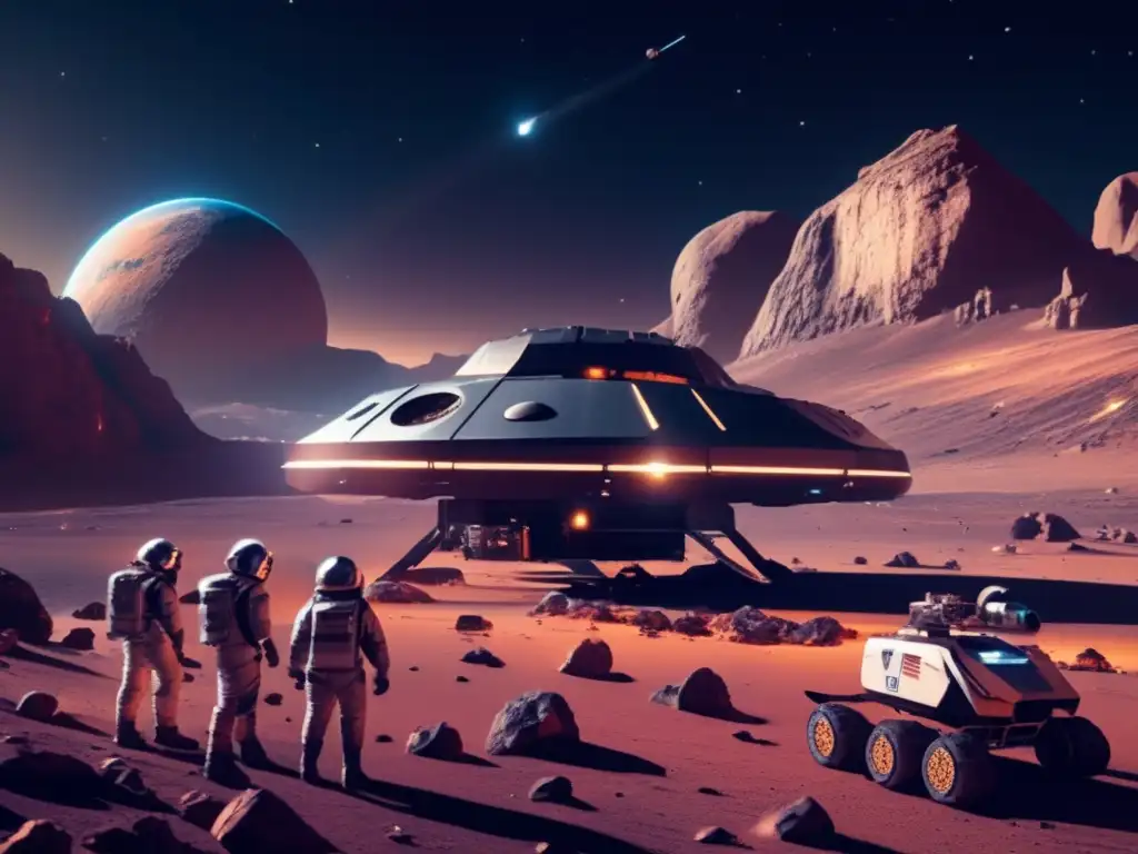 Estación espacial futurista y mineros extrayendo recursos de asteroide