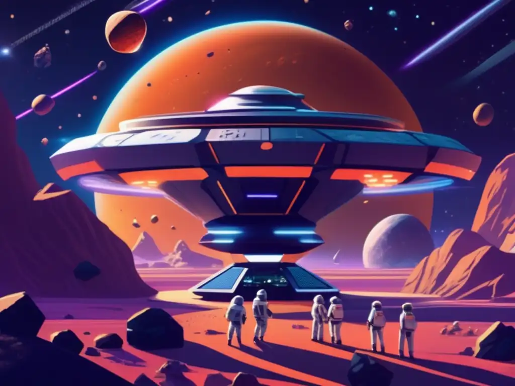 Estación espacial futurista y minera en asteroides Estación espacial futurista y mineros extraen recursos en asteroides: exploración de recursos en asteroides