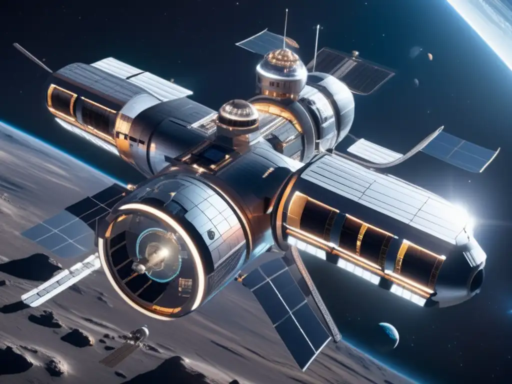 Estación espacial futurista en el espacio Estación espacial futurista y naves espaciales en misión de exploración de asteroides - Financiación colectiva misiones asteroides