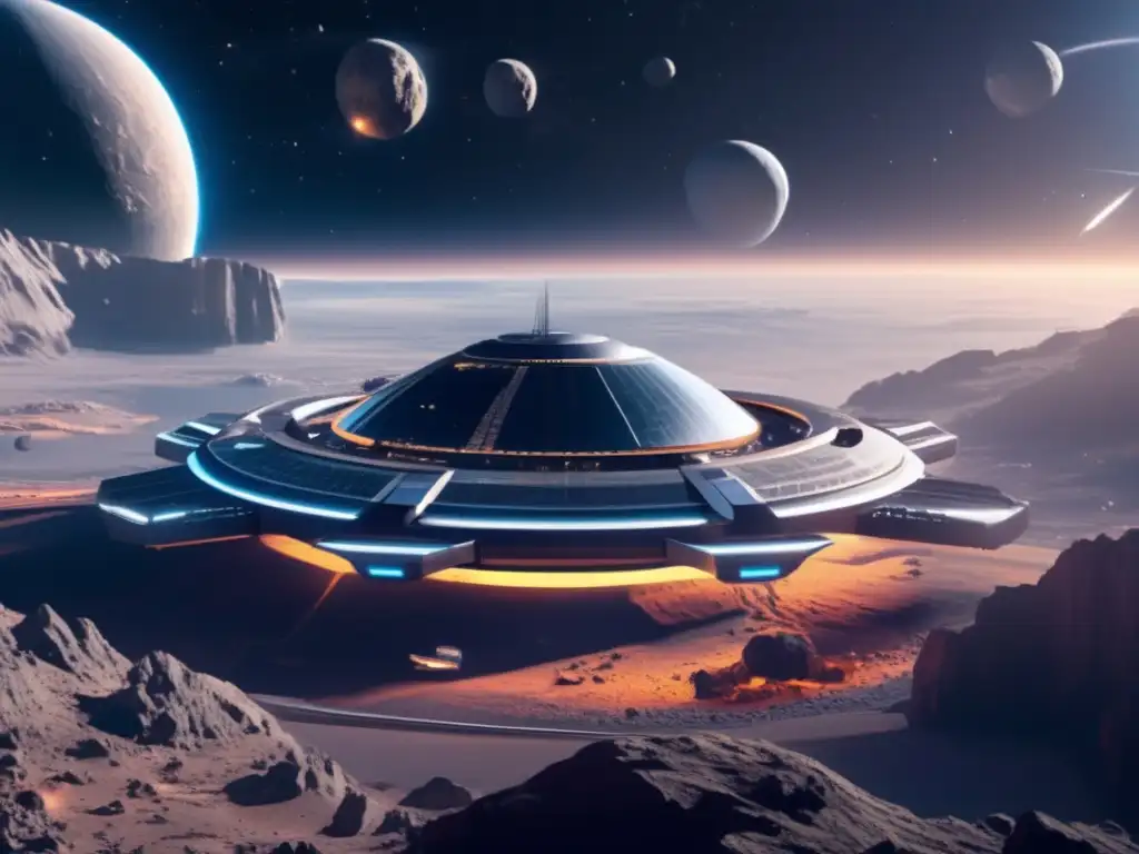 Estación espacial futurista en órbita de asteroide, con arquitectura moderna y paneles transparentes