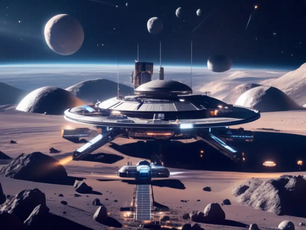 Estación espacial futurista en órbita de asteroide, con astronautas, maquinaria minera y tensión por recursos