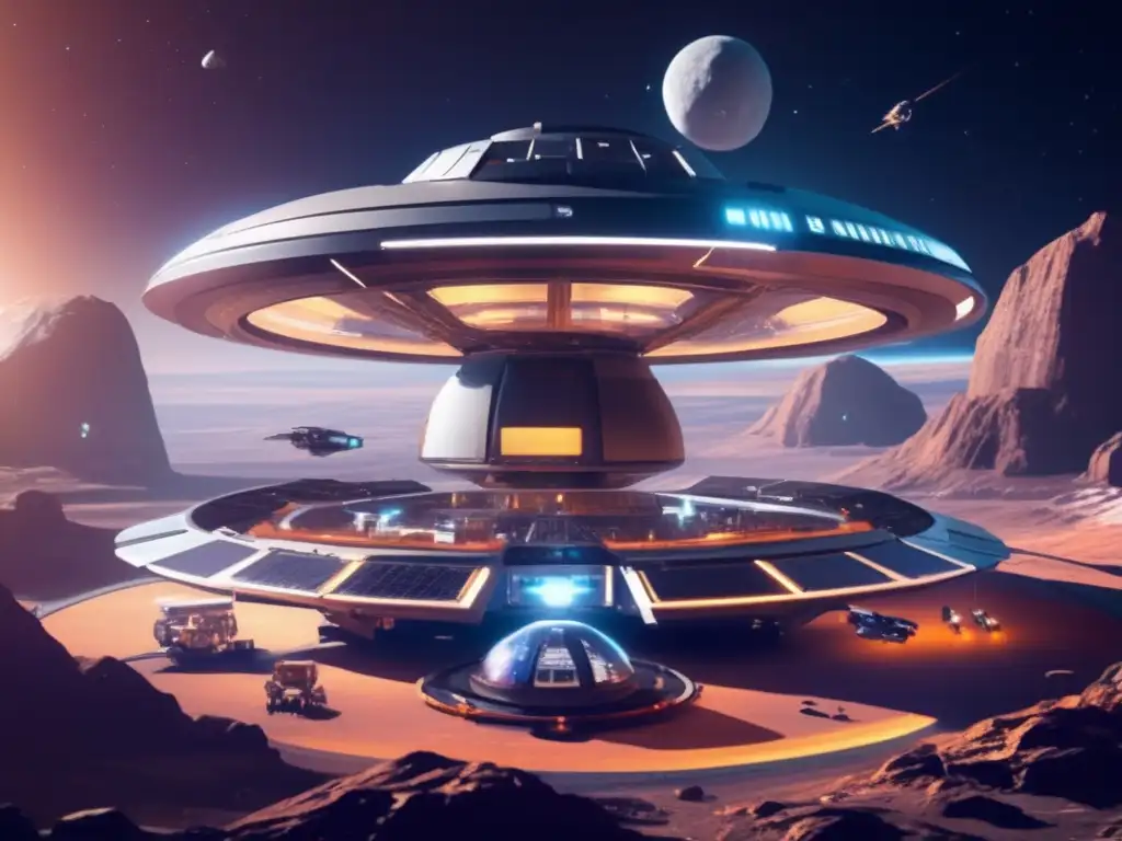Estación espacial futurista en órbita de asteroide rico en recursos, con drones mineros y módulos de extracción