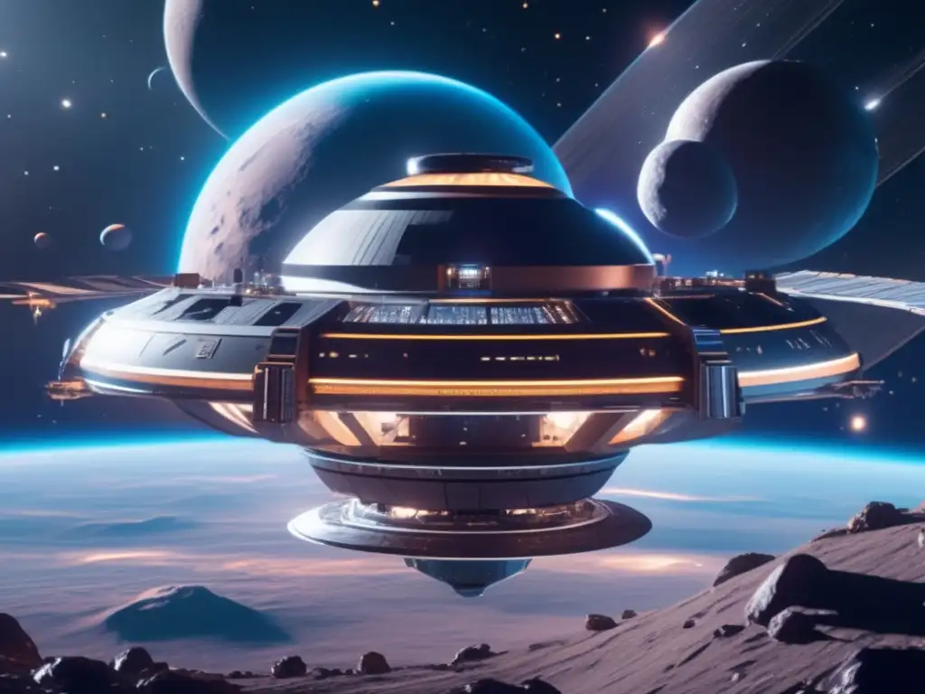 Estación espacial futurista en asteroide Estación espacial futurista en órbita de un asteroide, con fondo de estrellas y galaxias