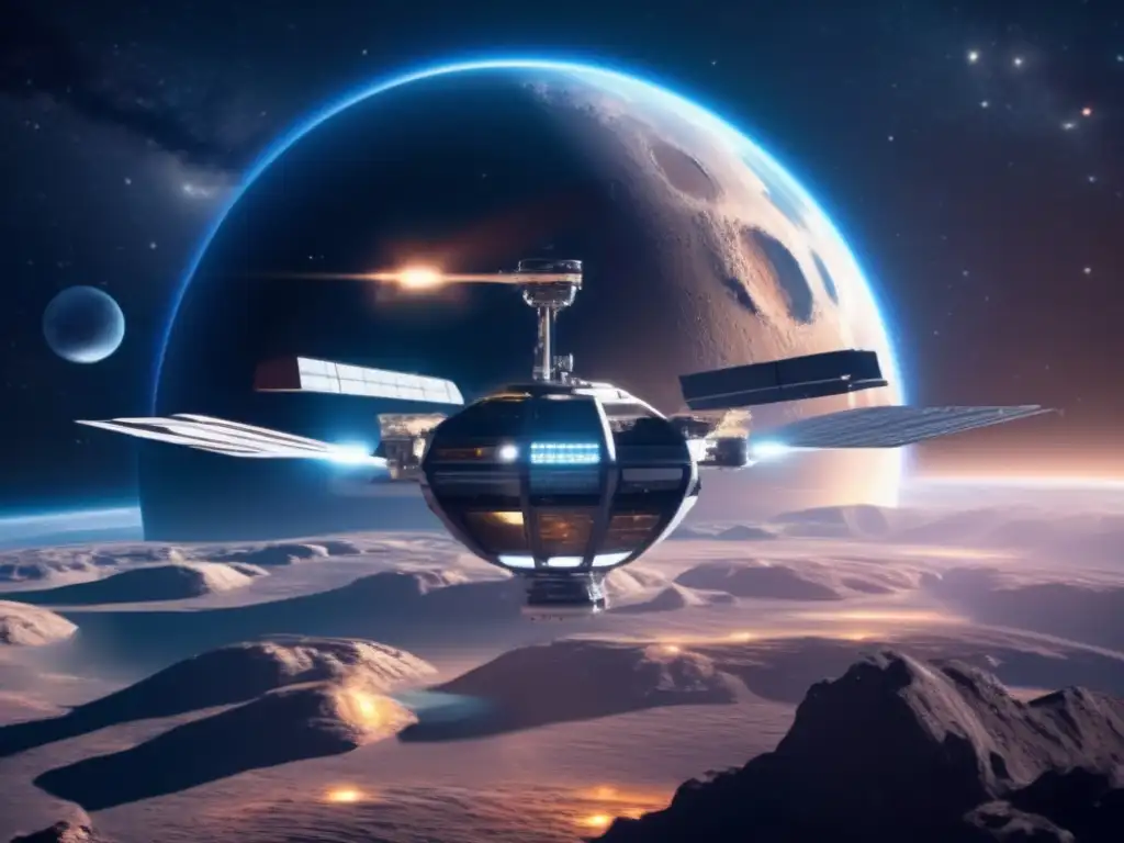 Estación espacial futurista orbitando asteroide Estación espacial futurista en órbita de asteroide, con puentes metálicos conectándolos