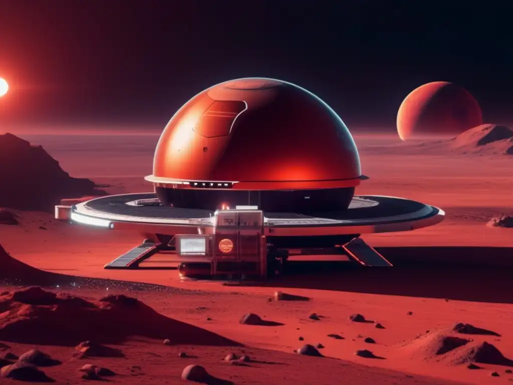 Futurista estación espacial en Marte Estación espacial futurista en órbita de Marte, con astronautas realizando una caminata espacial