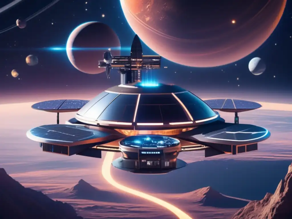 Estación espacial futurista en órbita celestial, con módulos, paneles solares y equipo de astronautas