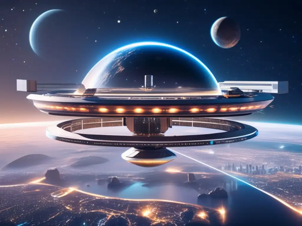 Estación espacial futurista orbitando celestialmente Estación espacial futurista en órbita alrededor de un cuerpo celeste, resalta la vastedad y belleza del espacio
