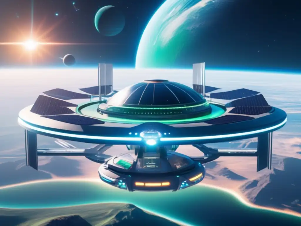 Estación espacial futurista orbitando planeta azul y verde Estación espacial futurista en órbita de un planeta azul y verde, con paneles solares y naves espaciales explorando asteroides