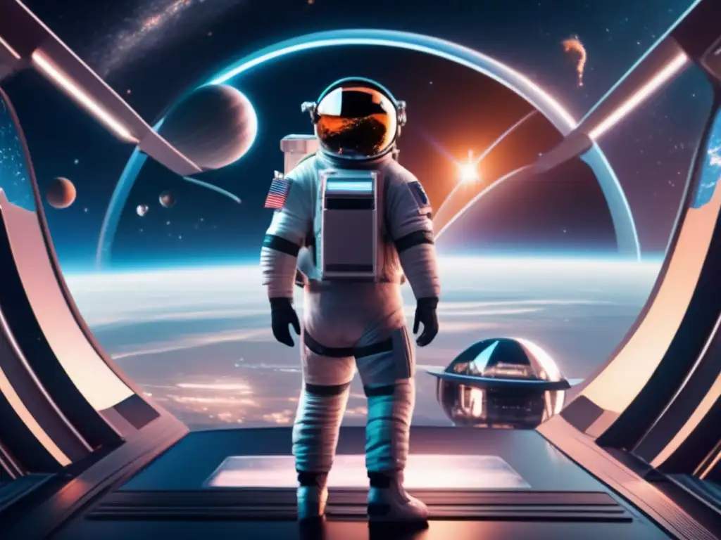 Estación espacial futurista con IA y astronauta Estación espacial futurista en órbita de un planeta distante, con astronauta y tecnología IA: Valorización de recursos espaciales con IA