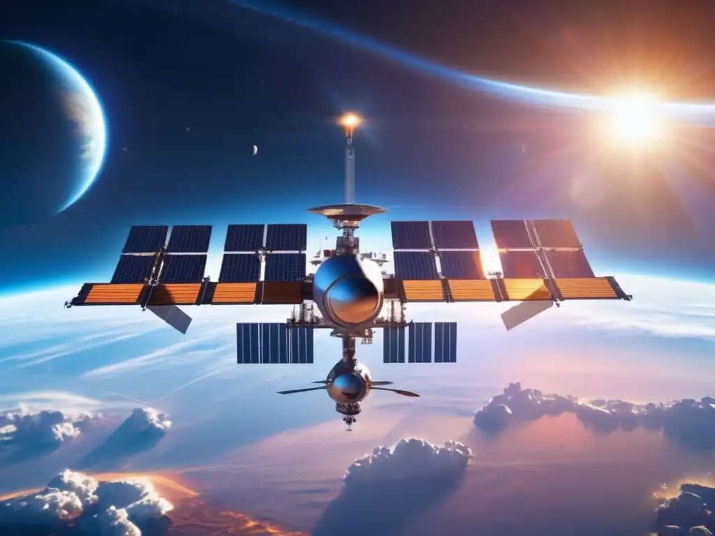 Estación espacial futurista en órbita terrestre Estación espacial futurista en órbita terrestre, símbolo de liderazgo en la carrera espacial y energía solar espacial