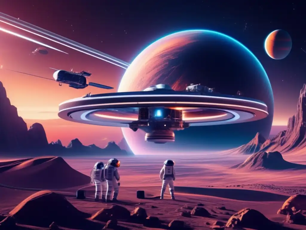 Estación espacial futurista y paisaje planetario, recursos espaciales propiedad ONU