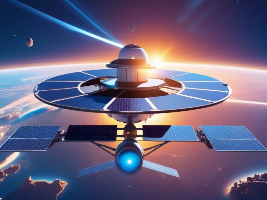 Estación espacial futurista con paneles solares Estación espacial futurista con paneles solares azules, energía solar espacial revolucionaria