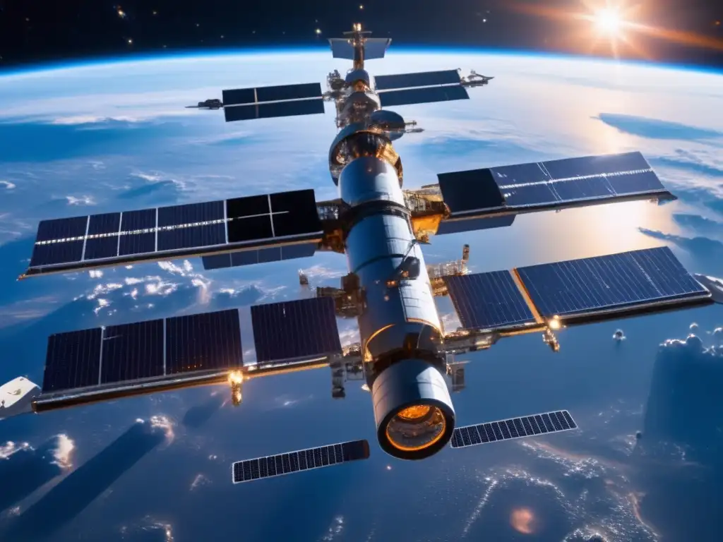 Estación espacial futurista con paneles solares y satélites, recuperación de materiales en el espacio