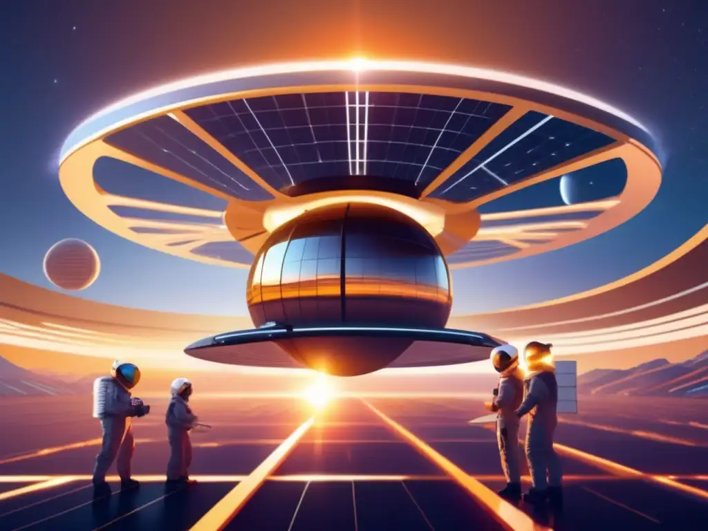 Estación espacial futurista con paneles solares avanzados, ingenieros trabajando - Energía solar espacial: asteroides como fuente