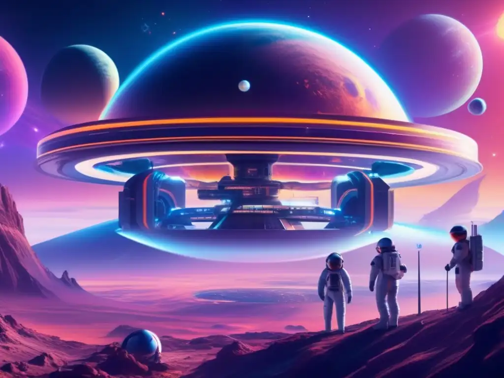 Estación espacial futurista orbitando planeta distante