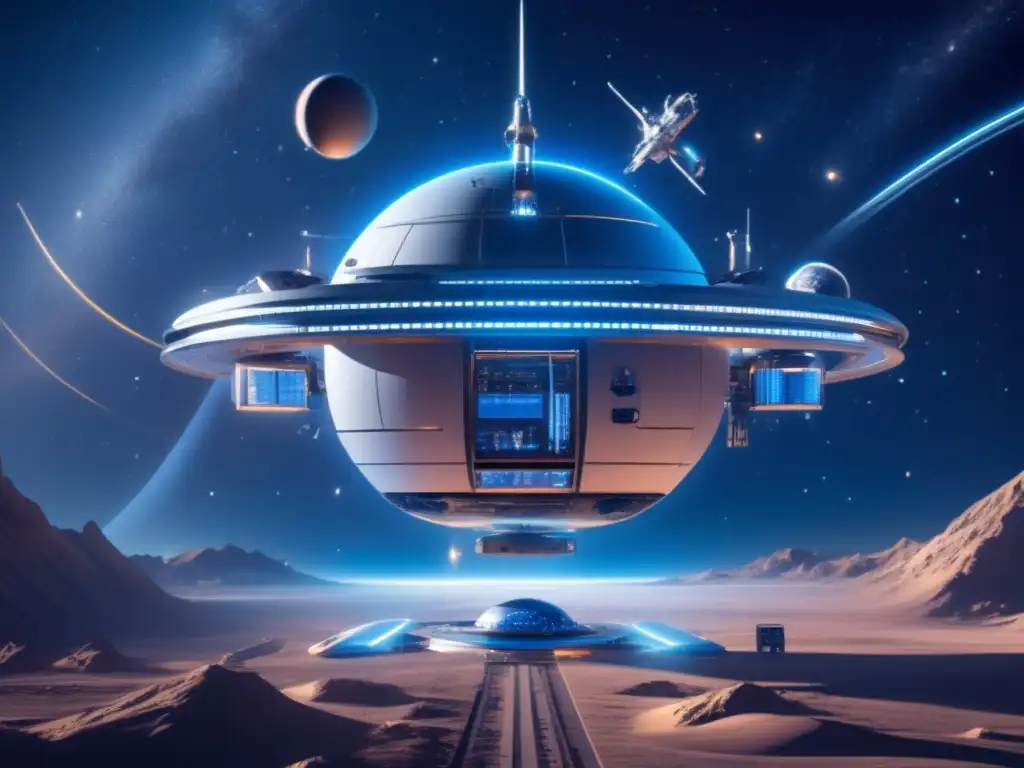 Estación espacial futurista rodeada de satélites y robots Estación espacial futurista en el cosmos: Política espacial internacional asteroides