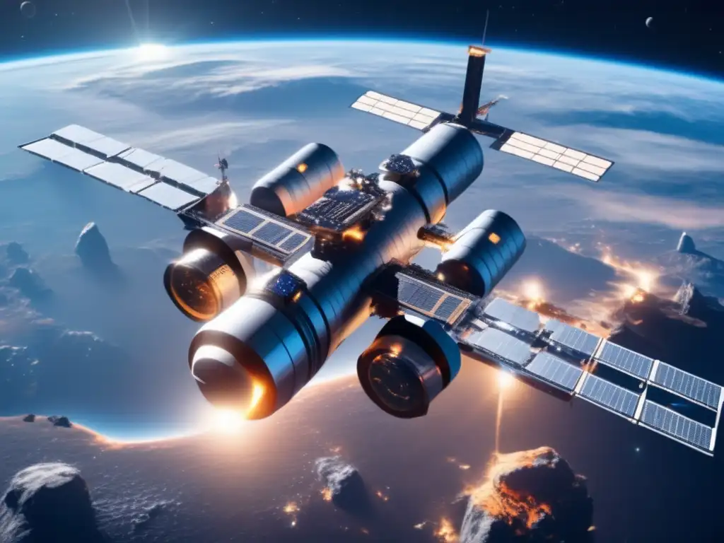Estación espacial futurista protegida por campo de fuerza, representando estrategias de prevención de impacto de asteroides basálticos
